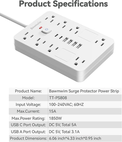 Surge Protector Power Strip - 8 Outlets(1850W/15A/14AWG) with 6 USB Ports（2 USB C, 6FT Flat Plug Extension Cord, Wall Mount Multi Plug Outlet Extender, ETL Listed for Home, Dorm Room, White