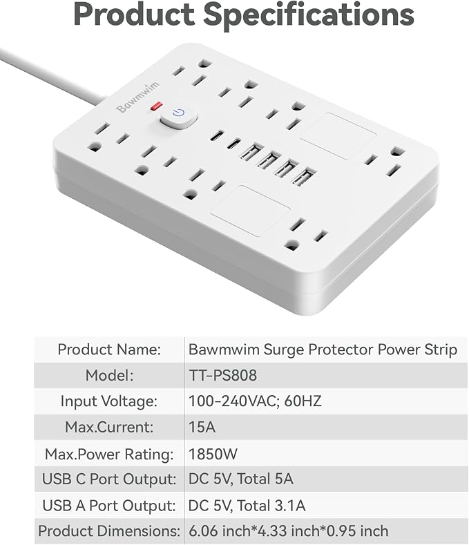 Surge Protector Power Strip - 8 Outlets(1850W/15A/14AWG) with 6 USB Ports（2 USB C, 10FT Flat Plug Extension Cord, Wall Mount Multi Plug Outlet Extender, ETL Listed for Home, Dorm Room, White