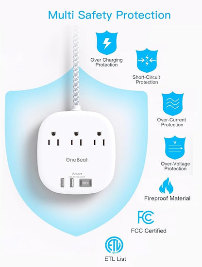 15 Ft Long Extension Cord, Cruise Ship Power Strip, 22.5W/4.5A Flat Plug Power Strip with 3 Oultets 4 USB Ports, 2 USB C Power Strip No Surge Protection for Home Office College Dorm Room Essentials