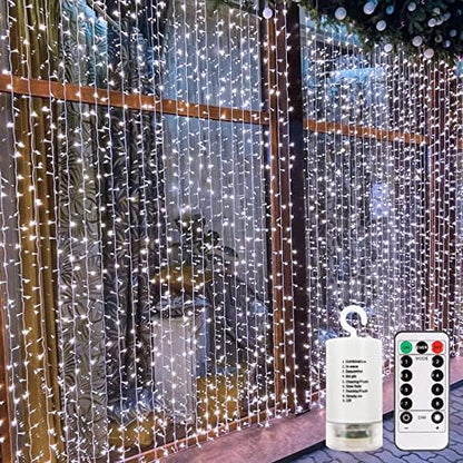 echosari 9.8Ft×9.8ft Curtain Lights Battery Operated with Remote Cool White