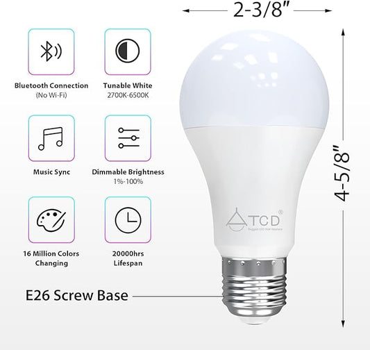 Smart Light Bulbs Dimmable, 9W E26 LED Smart Bulb Music Sync RGB Color Changing 2700-6500K Tunable White, RGBCW Bluetooth Light Bulb with App Control for Party Home 60W Equivalent 1 Pack