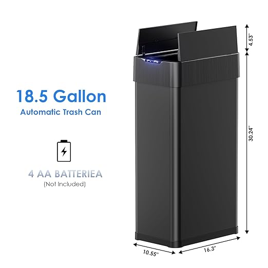 Automatic Trash Can,18.5 Gallon Touchless Motion Sensor Trash Bin, Smart Garbage Can with Soft-Close Lid, Bag Retainer Ring and Display Light,for Kitchen,Living Room Office (Black, 70L)
