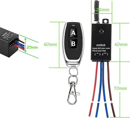 2 Way Mini Remote Control Switch,AC 110V/120V/220V/240V/10A Relay ON/Off Switch with 328FT Long Range,Wireless RF Switch for Pump,Lamps,LED Lights,Fans(2 Remote Controls,2 Receivers)