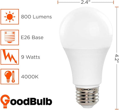 GoodBulb LED A19 Light Bulbs | 9 Watt (60 Watt Equivalent) | E26 Base | Cool White 4000K | EcoSmart Lights | High Output 825 Lumens | 6 Pack