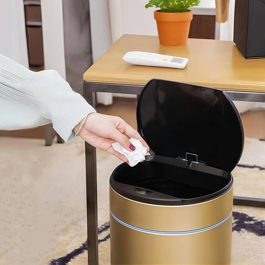 Garbage Can with Lid, Intelligent Sensor Opening and Closing, Small Garbage Can for Living Room, Bedroom, Kitchen and Bathroom (1, Gold)