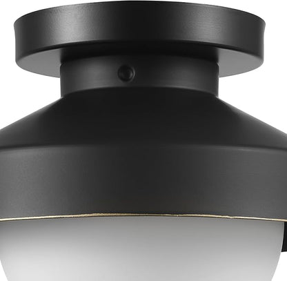 Globe Electric 1-Light Flush Mount Ceiling Light, Matte Black, Frosted Glass Shade, Bronze Trim, Modern Industrial Style