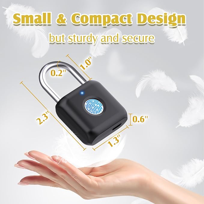Fingerprint Padlock, Pothunder Smart Padlock, Locker Lock, Fingerprint Lock with APP Unlock, USB Rechargeable, Suitable for Gym Locker, Door(Black)