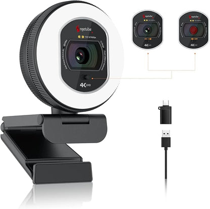 Angetube 4K Webcam with Light for PC, UHD 4K, TOF Auto Focus, Dual AI Noise-Cancelling Mics, 1080p@60FPS, USB Streaming Webcam w/Privacy Cover for Laptop/Mac/Desktop/PC Work w/Zoom/Teams/Google Meet