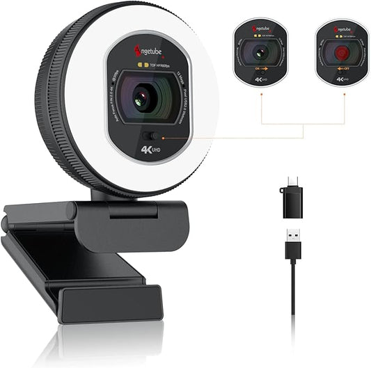 Angetube 4K Webcam with Light for PC, UHD 4K, TOF Auto Focus, Dual AI Noise-Cancelling Mics, 1080p@60FPS, USB Streaming Webcam w/Privacy Cover for Laptop/Mac/Desktop/PC Work w/Zoom/Teams/Google Meet