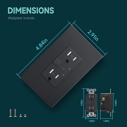 TOPELER Black Smart Electrical Outlet, Smart Wi-Fi Outlet with Individually Controlled, 15Amp Receptacle with Remote Control, Compatible with Google Home & Alexa, ETL&FCC Certified, 2.4G WiFi Only