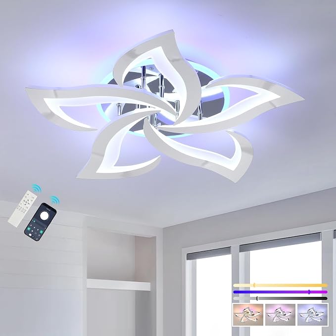 50W Modern LED Ceiling Light, Dimmable Flush Mount Fixture | Modern Flower Design, Remote Control, 3000-6000K Adjustable Light, RGB Ambient Backlight for Bedroom Living Room Dining Room