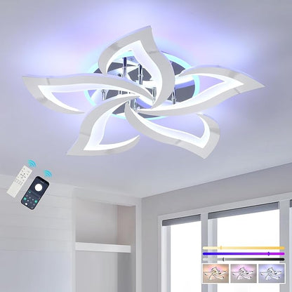 50W Modern LED Ceiling Light, Dimmable Flush Mount Fixture | Modern Flower Design, Remote Control, 3000-6000K Adjustable Light, RGB Ambient Backlight for Bedroom Living Room Dining Room