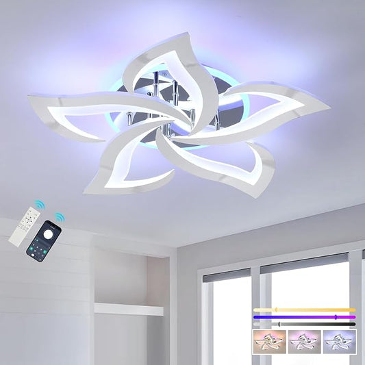 50W Modern LED Ceiling Light, Dimmable Flush Mount Fixture | Modern Flower Design, Remote Control, 3000-6000K Adjustable Light, RGB Ambient Backlight for Bedroom Living Room Dining Room