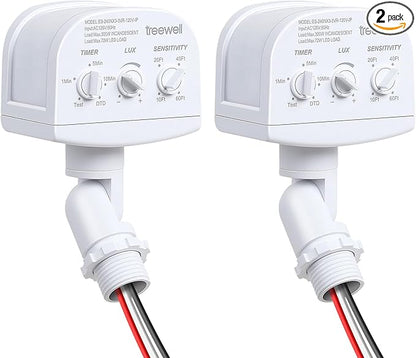 2 Pack 240-Degree Replacement Motion Sensor, Adjustable LUX(5-300) & Time & Detection Sensitivity Up to 60 Feet Range, 3 Working Modes Outdoor Motion Detector for Security Floodlight, White