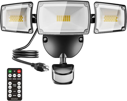 USTELLAR 55W Plug in Flood Light Outdoor, 5500lm Motion Sensor Outdoor Lights with Remote Control, Dusk to Dawn Security Light, IP65 Waterproof, 5000K Daylight Wall Mounted for Garage, Yard, 1 Pack