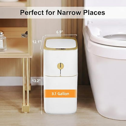 MOPALL Touchless Bathroom Trash Can with Lid, 3 Gallon / 12L Slim Motion Sensor Garbage Bin, Automatic Waste Basket for Bedroom, Office & Narrow Spaces, White & Gold
