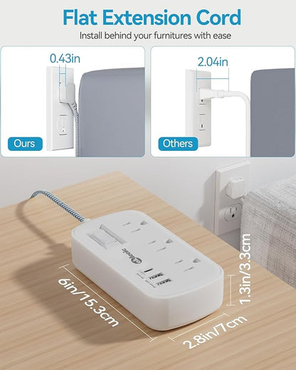 Extension Cord 25 FT Multiple Outlets Surge Protector Power Strip 6AC Outlets 3USB(5V/3.4A 17W), Flat Plug Long Braided Extension Cord, Wall Mountable for Home College Dorm 13A 1625W White