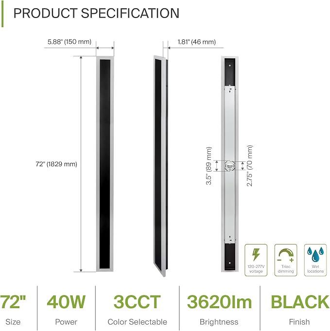 ASD LED 72" Long Wall Mount Light Fixture, Outdoor & Indoor Linear Sconce | 3CCT, Dimmable, Waterproof, Anti-Rust, ETL Listed | 40W 3570LM 3000-5000K 100-277V | Exterior Porch Lighting | Black, 2 Pack