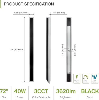 ASD LED 72" Long Wall Mount Light Fixture, Outdoor & Indoor Linear Sconce | 3CCT, Dimmable, Waterproof, Anti-Rust, ETL Listed | 40W 3570LM 3000-5000K 100-277V | Exterior Porch Lighting | Black, 2 Pack