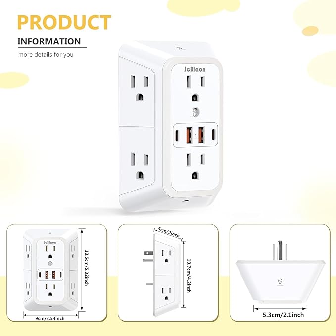 3 Pack Outlet Extender with Night Light, 6 Outlet Surge Protector Extender with 4 USB Ports (2 USB C), 3-Sided 1050J Multi Plug Wall Outlet for Home Office Dorm Room