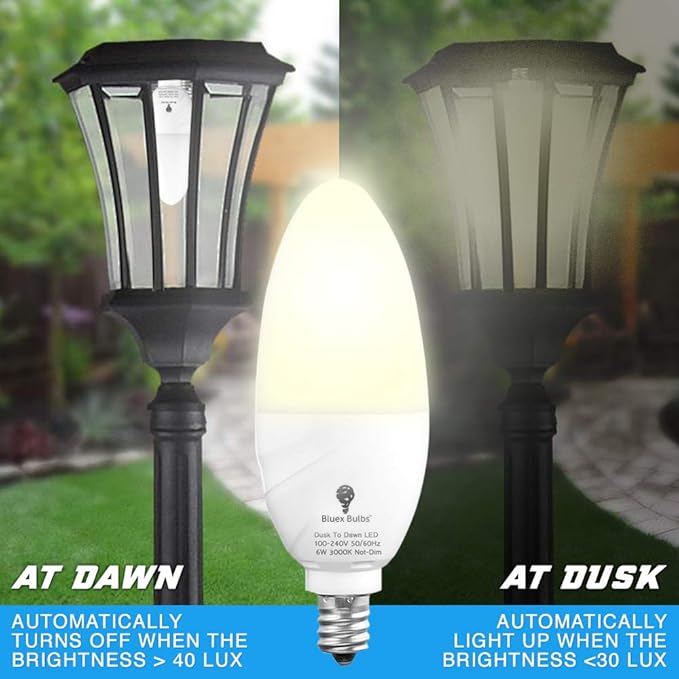 6 Pack BlueX Dusk to Dawn LED Bulbs, 6W E12 Base Light Bulb - 65W Equivalent – 3000K WarmLight White - Smart Light Sensor Candelabra Bulb, Home Security, Driveway, Yard, Porch Lighting
