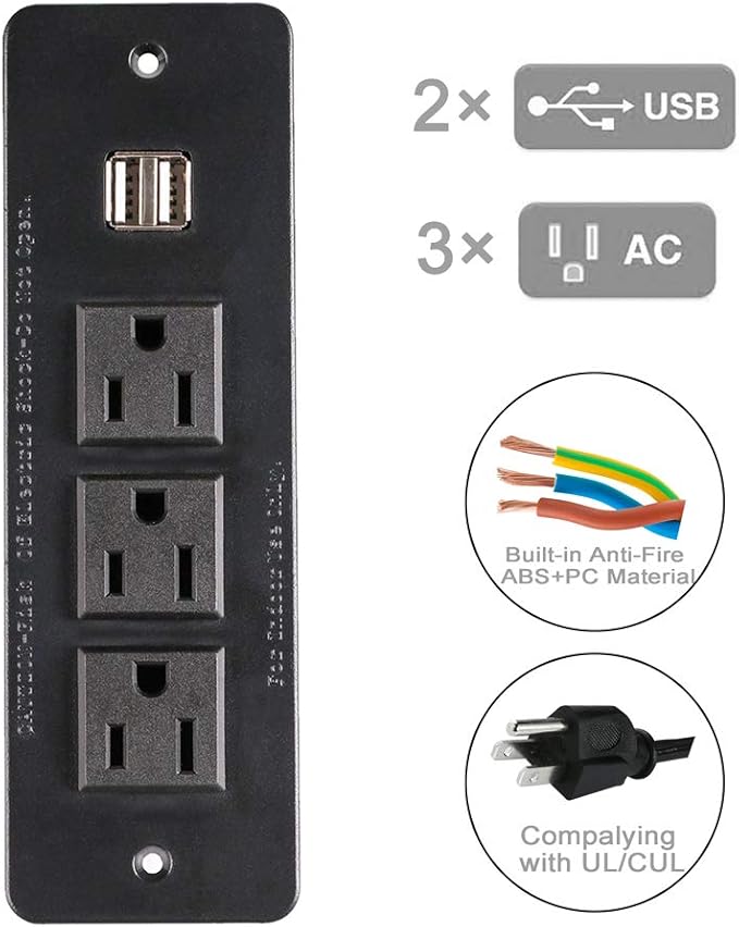 Conference Recessed Power Strip with USB 3 Outlets 1875W/12amp 2 USB Ports 2.1amp 10ft Power Cord Black