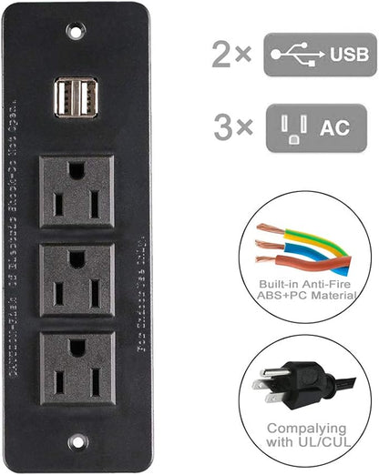 Conference Recessed Power Strip with USB 3 Outlets 1875W/12amp 2 USB Ports 2.1amp 10ft Power Cord Black