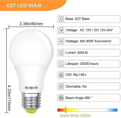 E26 12V LED Bulb 60W Equivalent E26/E27 Base 12-24V AC/DC 600Lm Warm White 2700K 6W LED Durable for Low Voltage Off-Grid Solar Battery Systems, RV, Marine Lighting - 4 Pack