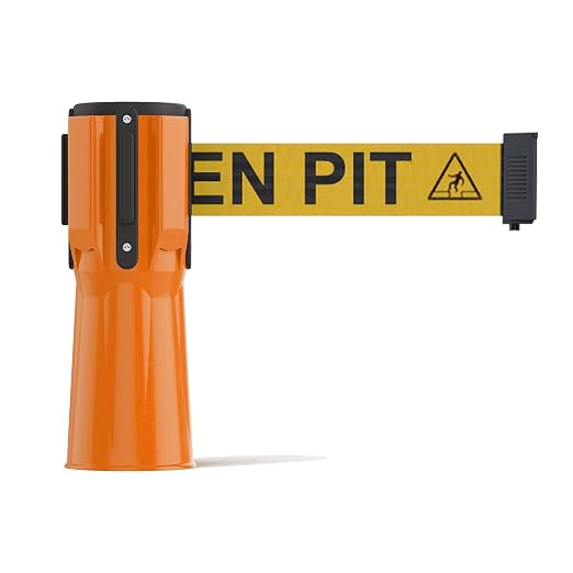 Trafford Industrial Cone-Mounted Retractable Belt Barrier, 11 Ft. | Orange ABS Case, Yellow 2-Inch Herringbone Belt with "Beware Open Pit" Black Letters, Belt-Braking Control, 4-Way Receiver