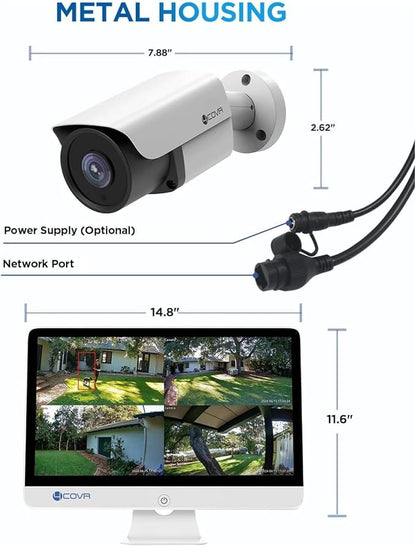 4COVR PoE Security Camera System with Monitor, 8 Channel H.265 NVR with 2TB HDD, AI Human Vehicle Detection, 8Pcs 5MP IP67 PoE IP Bullet Camera Night Vision with Mic, 24/7 Recording, LY37EX5MU808
