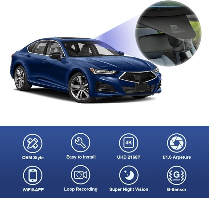 Fitcamx 4K Dash Cam Suitable for Acura TLX & TLX Type S 2021 2022 2023, OEM Factory Look, 2160P UHD Video, Built-in WiFi & APP, Loop Recording, G-Sensor, Night Vision, Plug & Play, 64GB Card