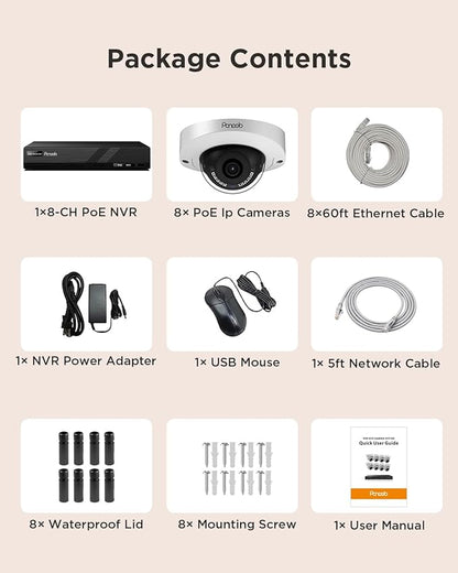 8 Channel Security Camera System, 8Pcs 5MP Wired Outdoor Surveillance IP PoE Dome Cameras with AI Person Vehicle Detection, Remote Access, Built-in Mic, 8CH 5MP PoE NVR 2TB HDD, PD63A0808-5M