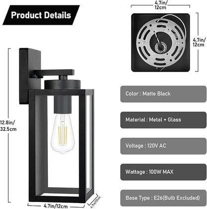 Outdoor Wall Light Fixtures, Exterior Waterproof Wall Lanterns, Porch Sconces Lighting with E26 Sockets & Glass Shades, Modern Matte Black Outside Lights for Patio Front Door Entryway Garage, 2-Pack
