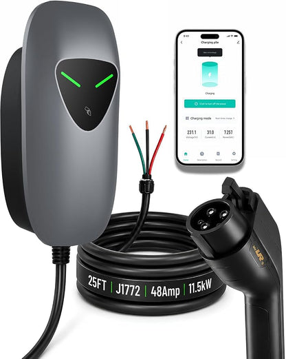 48A Level 2 EV Charger Station Hardwired, J1772 240V 11.5kW WiFi App 25ft | Garage Home Driveway EV Charger,2.4GHz Smart Control,RFID Access,Indoor Outdoor Installation,UL ETL FCC Certified,Overheat