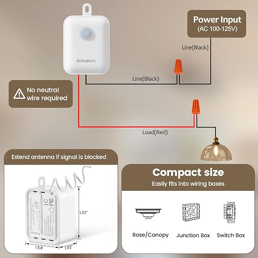 SURAIELEC Wireless Light Switch Receiver Kit, No Neutral Wire for Old Homes | Upgraded Antenna for Metal Box Signal Boost, 100FT Interference-Free Range, 2A 100W LED Decorator Rocker Remote Wall Switch