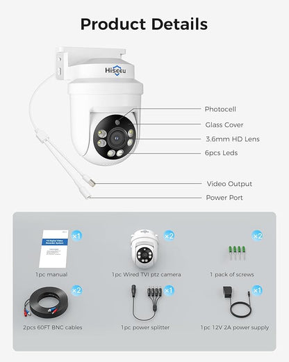 Hiseeu PTZ 5MP Dome HD-TVI Home Security Cameras with 355° pan,90° tilt,100ft IR Night Vision,IP67 Weatherproof Wired Security Camera for 360°Coverage Indoor Outdoor Surveillance Cameras 2PCS