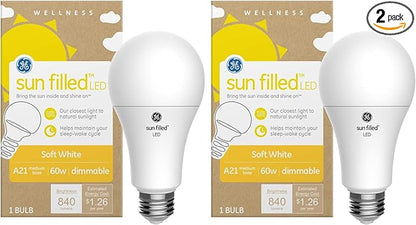 GE Sun Filled LED Light Bulb, Maintain Natural Sleep Cycle, 60 Watt Eqv, Soft White, A21 Bulb, Medium Base (Pack of 2)