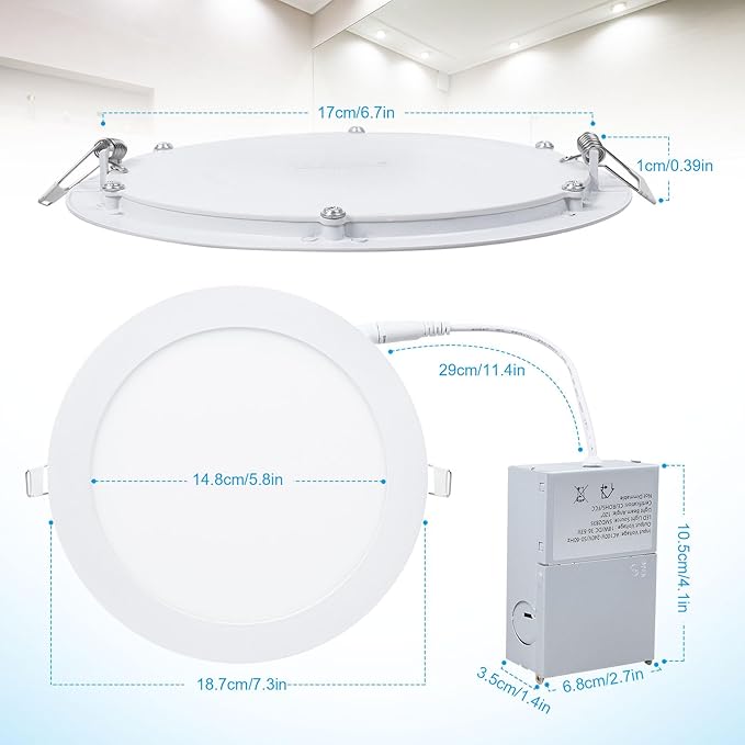 ESBAYBULBS 7" Ultra-Thin LED Recessed Ceiling Light with Junction Box, 6000K Cool White 18W LED Panel Can Light 1500LM High Brightness Easy Installation (6 Pack)