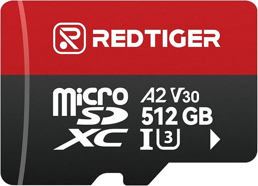 REDTIGER High Speed Micro SD Card with Adapter, 512GB microSDXC UHS-I Class 10, U3, V30 A2, Support for Dash Cameras and Recording 4K Video Recording, Compatible with F7NP&F7NT&F17&VP20&F17PLUS