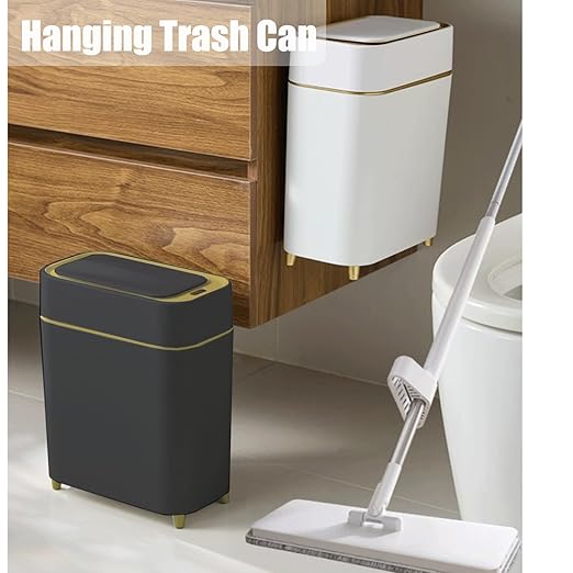 Yatmung Automatic Bathroom Trash Can with Touchless Lid - Slim Motion Sensor Trash Can - Bathroom, Bedroom, Kitchen, Laundry Room, Small Spaces - Compact Smart Trash Bin - Black with Gold Edge, 1Pack