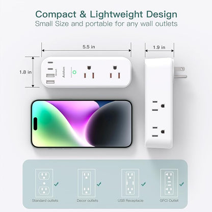 Addtam 30W USB C Outlet Extender Surge Protector, Rotating Plug, 6 AC Outlets Splitter, 4 USB Ports (2 USB-C), 1800J Wall Mount Power Strip, 3-Side Multi Plug for Dorm, Travel Essentials