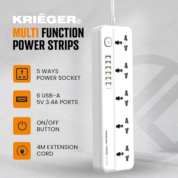 K KRIËGER Universal Power Strip Surge Protector, 5 Outlets, 6 USB Ports, Child Saftey Latch, On/Off Power Button, 2M Extension Cord, Flat Plug for Charging Home, Office & Travel Accessories -Type E/F