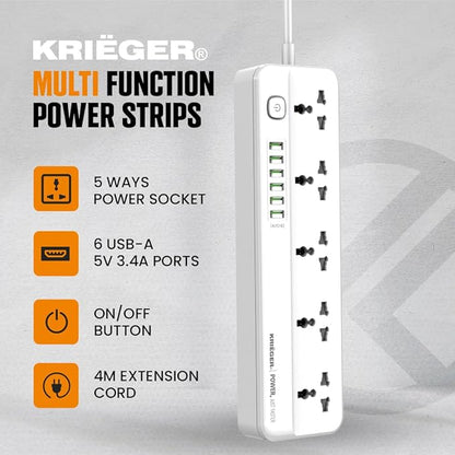 K KRIËGER Universal Power Strip Surge Protector, 5 Outlets, 6 USB Ports, Child Saftey Latch, On/Off Power Button, 2M Extension Cord, Flat Plug for Charging Home, Office & Travel Accessories -Type E/F