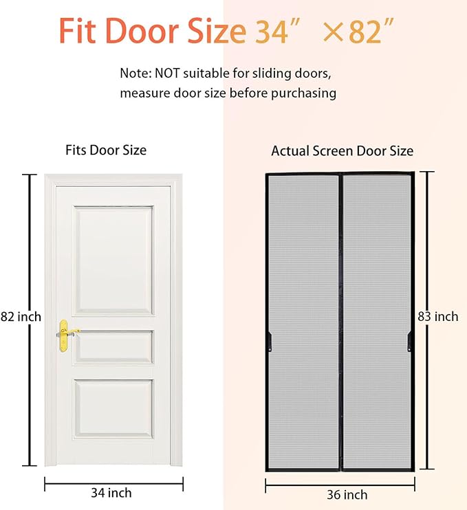 FEGO Magnetic Screen Door Fit Door Size:34"x82", Screen Itself Size 36"x83", Enjoy Breeze, Hands Free Entry, Reinforced Fiberglass Mesh Anti-Tearing, Pet & Kid Friendly, Strong Magnets for Patio/Front