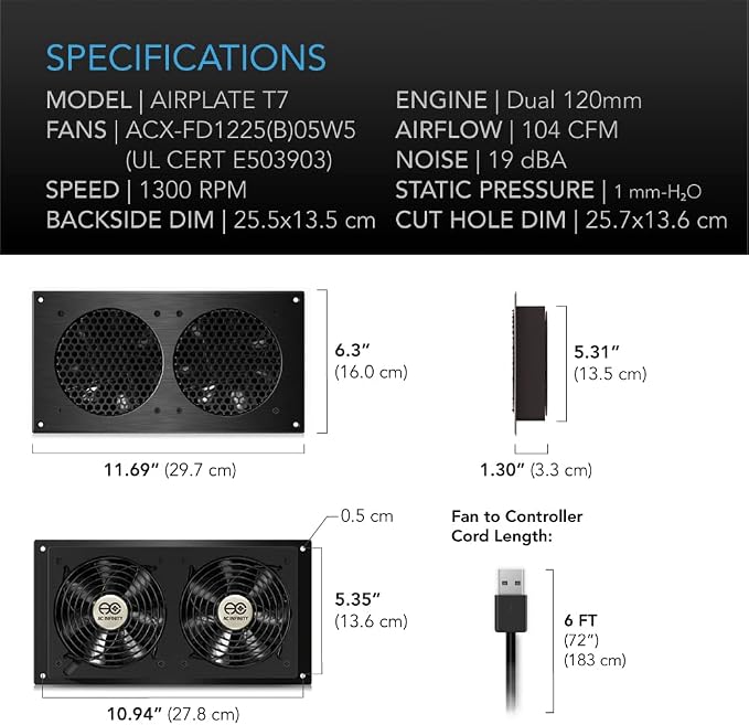 AC Infinity AIRPLATE T7, Quiet Cooling Fan System 12".