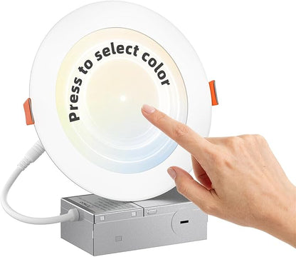 Amico 1 Pack 6 Inch Press to Select 5CCT Ultra-Thin Recessed Light with Junction Box, 2700K/3000K/3500K/4000K/5000K Selectable, 12W=110W, 1050LM High Brightness, Dimmable Wafer Downlight-ETL&FCC