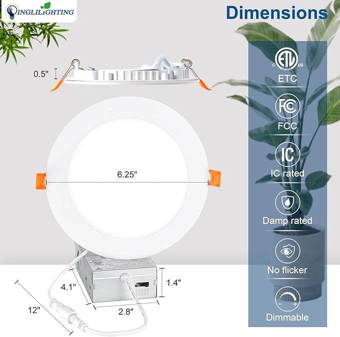 DLLT LED Recessed Ceiling Light: 12 Pack 6 Inch Slim Recessed Lighting for Kitchen - 5CCT Dimmable Canless Wafer Downlight for Living Room - 1200LM Brightness 12W LED Lights for Bedroom ETL FCC