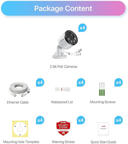 ZOSI 4PK 4MP Add-on Camera with Ethernet Cables,Outdoor PoE IP Bullet Security Camera with Audio,Night Vision,Smart Human Detection,IP66 Weatherproof,Remote Access,Only Work PoE NVR System