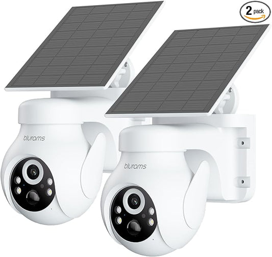 blurams 2Pack Solar Outdoor Camera Wireless, 2K 360° PTZ Security Cameras Wireless Outdoor with Human Auto Tracking, IR/Color Night Vision, Battery Powered, 2.4GHz Only