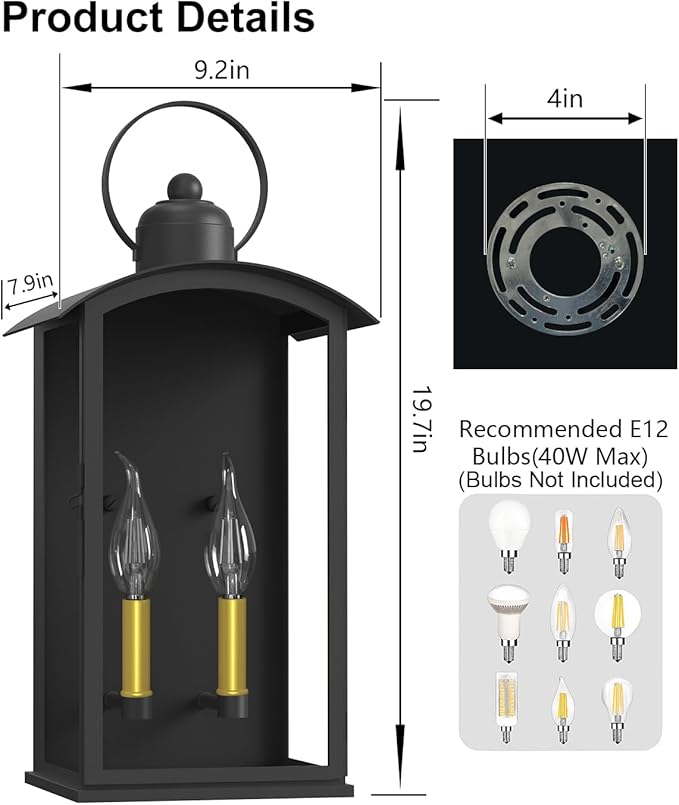 19.7IN Outdoor Wall Light Fixtures, Dusk to Dawn Exterior Lanterns Waterproof, Large Porch Sconces Wall Mounted Lighting, Modern Matte Black Front Open Window Wall Lamps for Yard, Patio